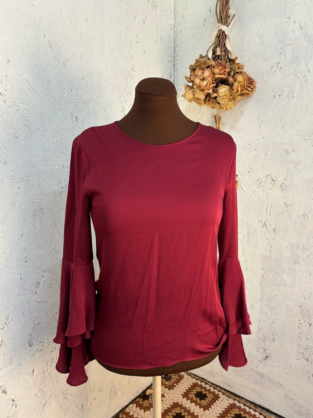 Milly Stretch Silk Flare Sleeve Red Burgundy Elegant Blouse Size 6